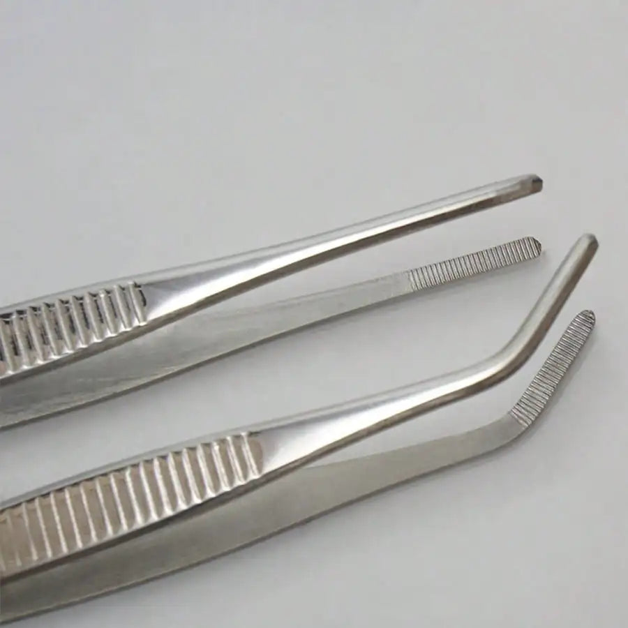 A pair of stainless steel precision dual-tip tweezers with textured tips.