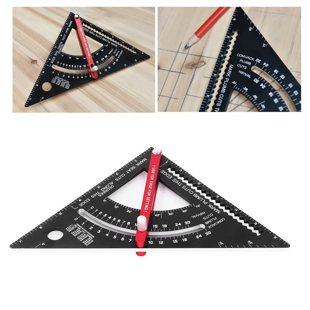 A black precision aluminum angle measuring ruler with a red marking tool shown at various angles.