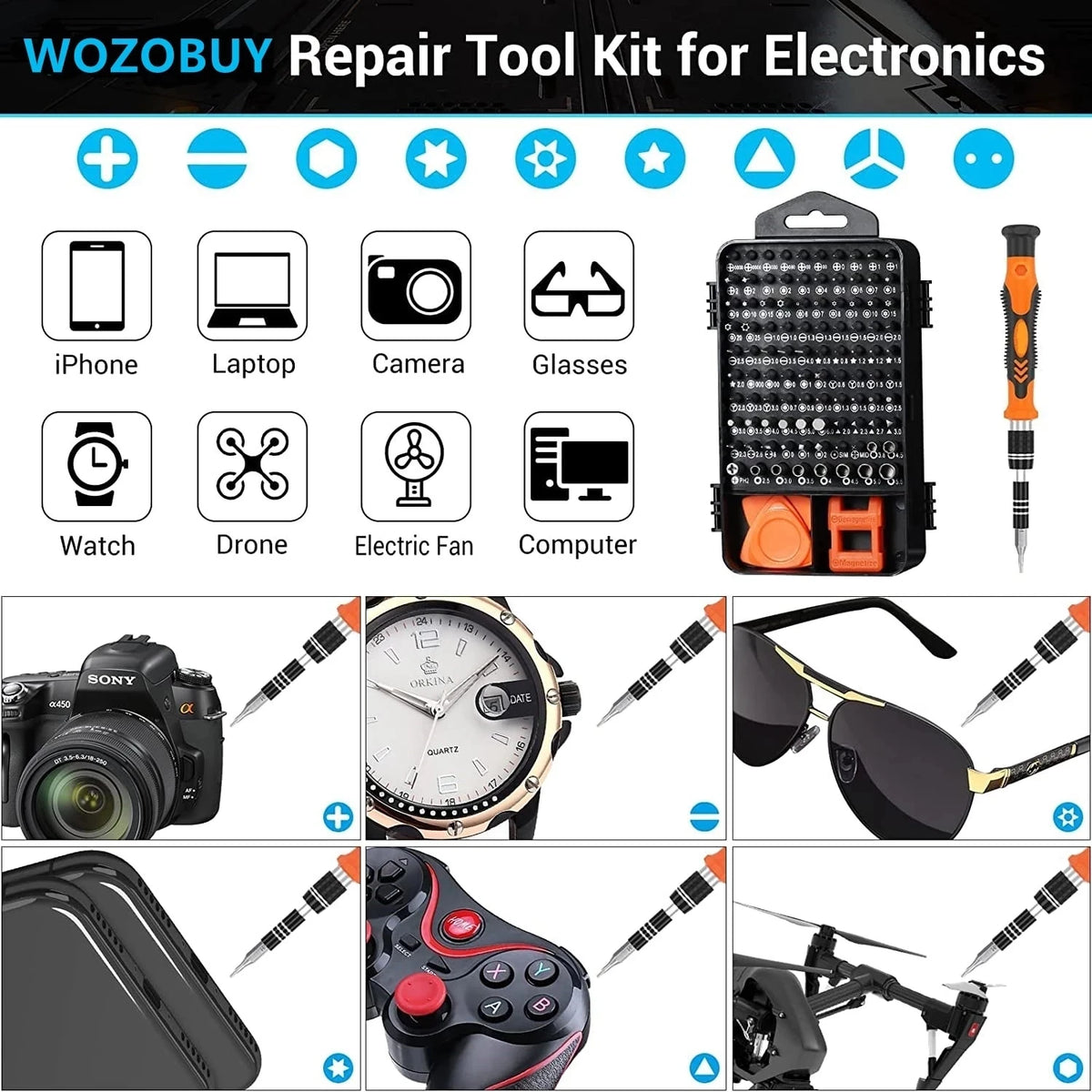 A set of precision multi-bit screwdriver repair tools for electronics, including various tips and drivers.