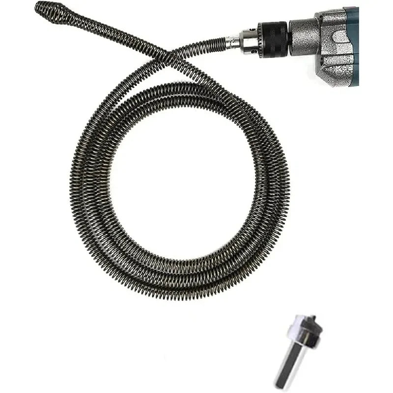 A spring-loaded drain cleaning tool with a drill adapter and a flexible metal hose.