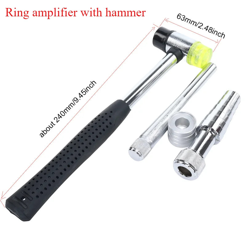 A professional ring amplifier with a hammer, featuring a long metal rod and a yellow expander tip.