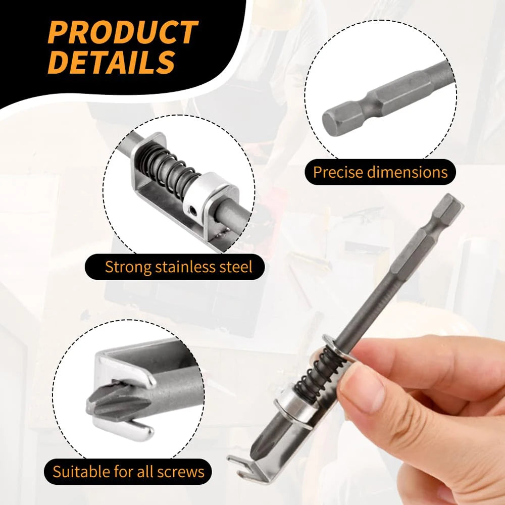 A set of spring-loaded stainless steel screw holder bits and a precision dimension tool.