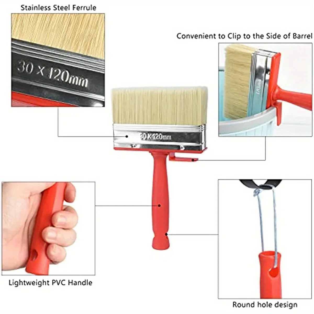 A set of paint brushes featuring a stainless steel ferrule, a lightweight PVC handle, and a round hole design.