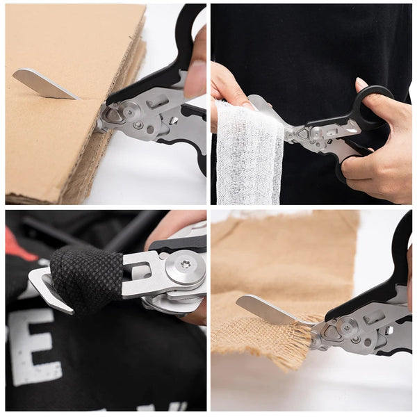 Close-up shots of tactical folding rescue scissors demonstrating their use for cutting and opening materials.