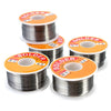 Several spools of solder wire with different diameters and flux levels are displayed.
