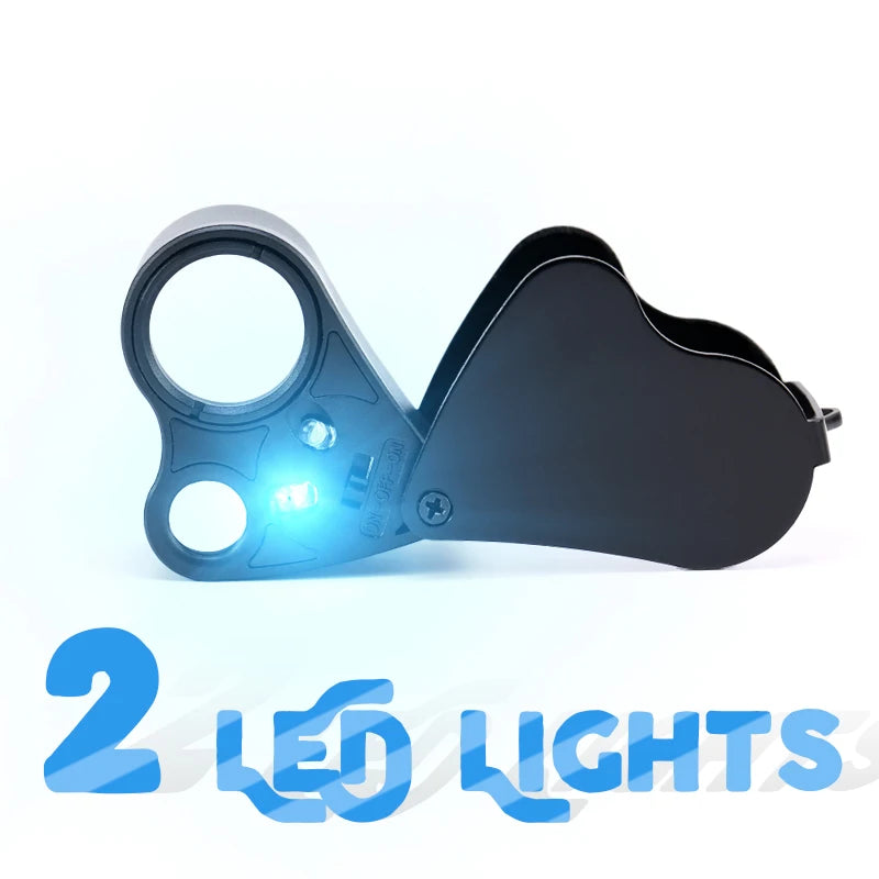 Loupe de bijoutier noire pliable avec deux lumières LED éclairées.