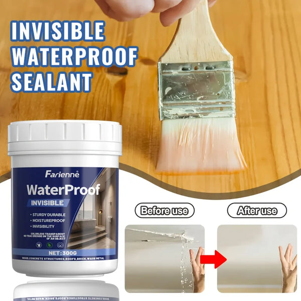 A tube of invisible waterproof sealant is shown next to a wooden applicator, demonstrating its use on a surface.