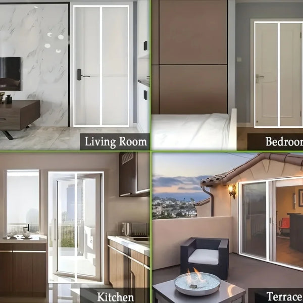 A collage showing a living room, bedroom, kitchen, and terrace with white magnetic screen doors.