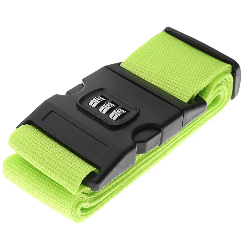 A black adjustable luggage strap with a password lock and bright lime green fabric.