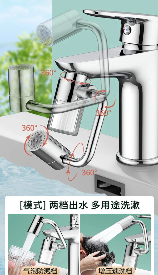 A chrome faucet extender with multiple spray nozzles for washing and cleaning functions.