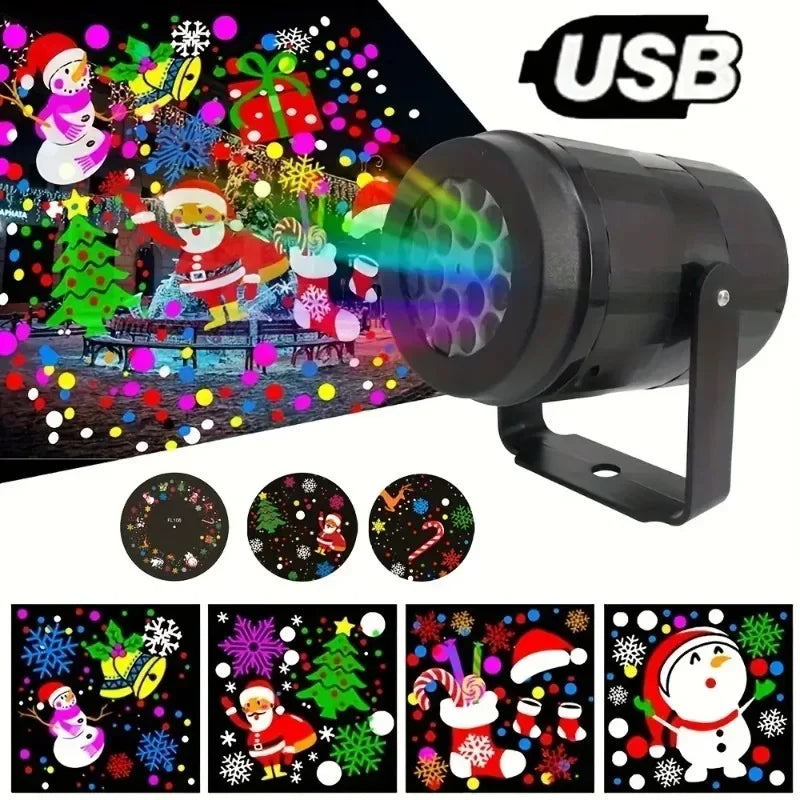 A black USB-powered LED projector light with a focus lens and mounting bracket, shown next to various Christmas-themed light 