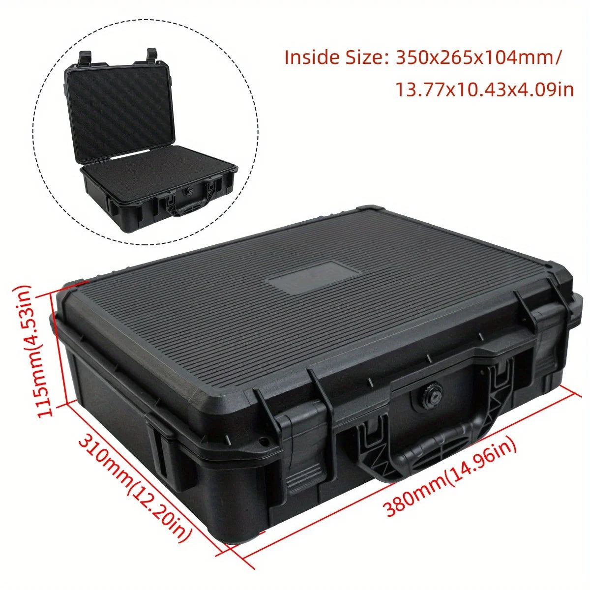 Black universal portable tool box with shockproof carrying case shown from the top and side.