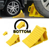 Yellow heavy duty car wheel chock anti-slip tire stop block shown in various forms and context