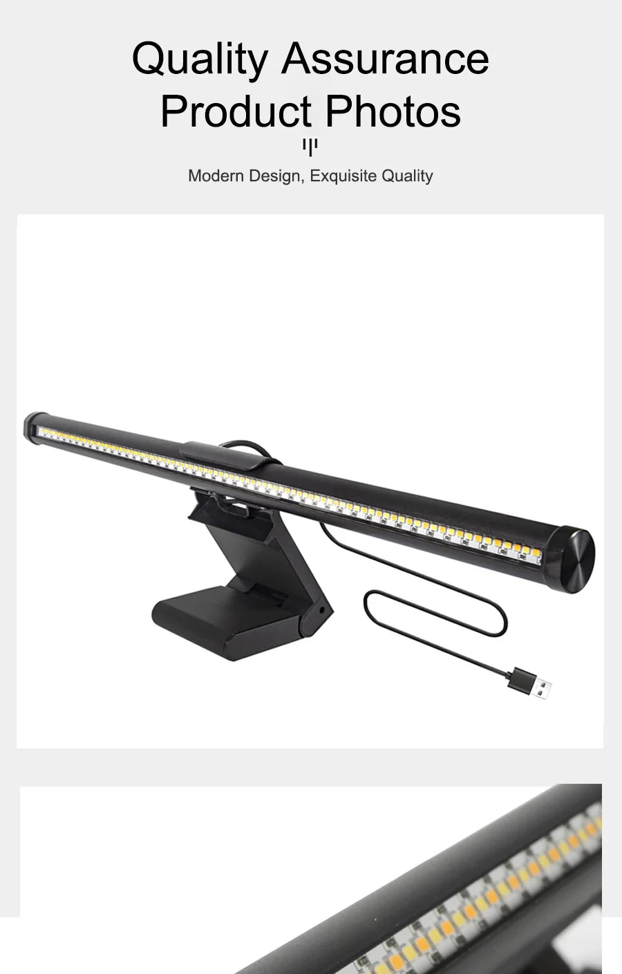 An adjustable black LED light bar with multiple bright white LEDs is shown on a desk setup.