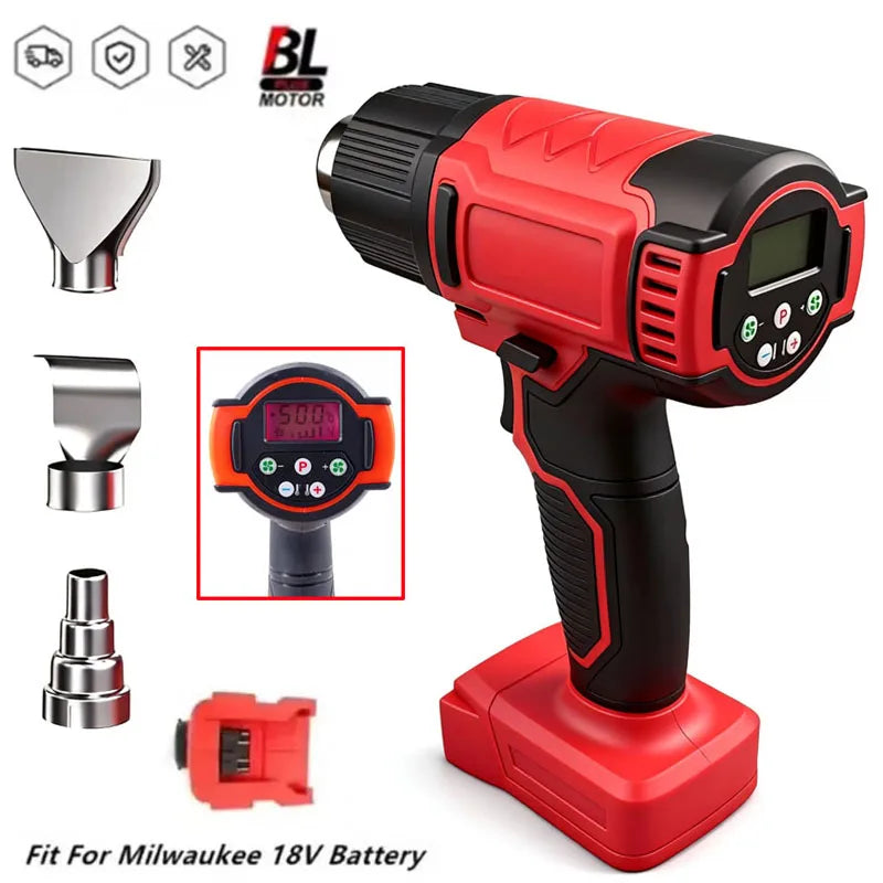 Pistolet thermique sans fil rouge et noir avec divers accessoires pour projets DIY.