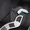 A close-up of a silver adjustable multi-sized locking wrench set with black grips and glowing blue accents.
