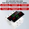A dual power automatic transfer switch relay with digital displays showing input and output voltage values.