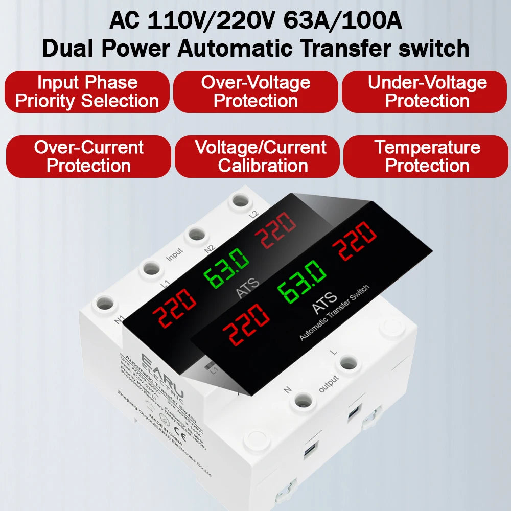 A dual power automatic transfer switch relay with digital displays showing input and output voltage values.