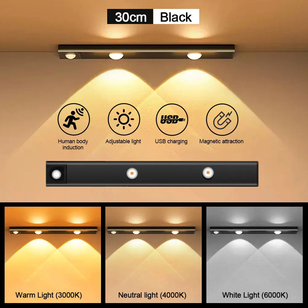 Black motion sensor LED light bar with adjustable light and USB charging features