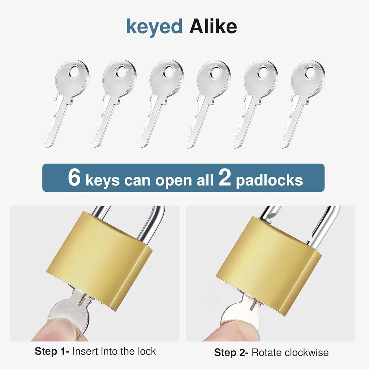 A set of six keyed alike keys is shown alongside two gold-colored padlocks, illustrating the steps to open them.