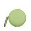 A light green retractable dual scale measuring tape with a leather strap.