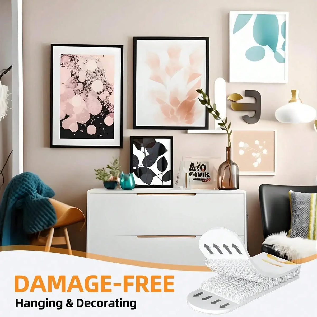 Damage-free hanging and decorating adhesive strips for photo frames and decor