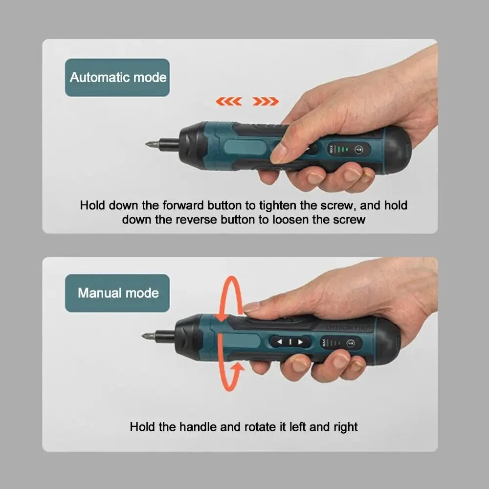A hand is shown operating a mini cordless electric screwdriver set in both automatic and manual modes.