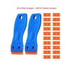 Two blue plastic scrapers and twenty orange plastic scrapers for labels and decals