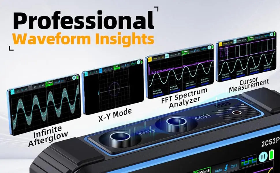 A professional waveform insights display on a digital oscilloscope featuring X-Y mode and FFT spectrum analyzer functions.