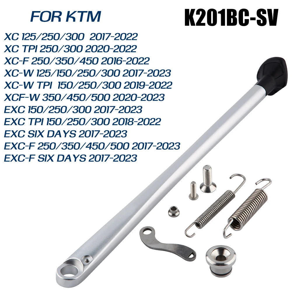 Motorcycle side stand kickstand kit for KTM featuring a silver metal rod and various hardware components.