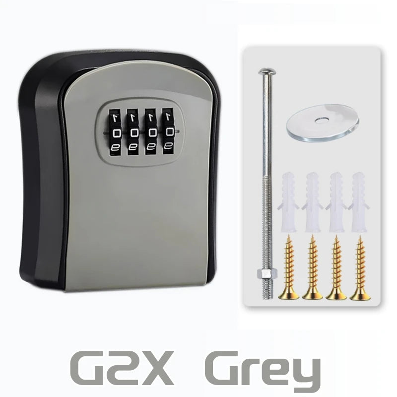 Grey wall-mounted security key lock box with a vertical key slot and multiple keyholes.