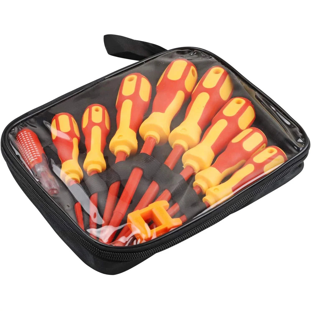 A black storage case containing a set of precision magnetic screwdriver bits in various colors like red, orange, and yellow.