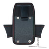 A dark gray utility tool pouch with a black belt clip and attached to a metal hook.