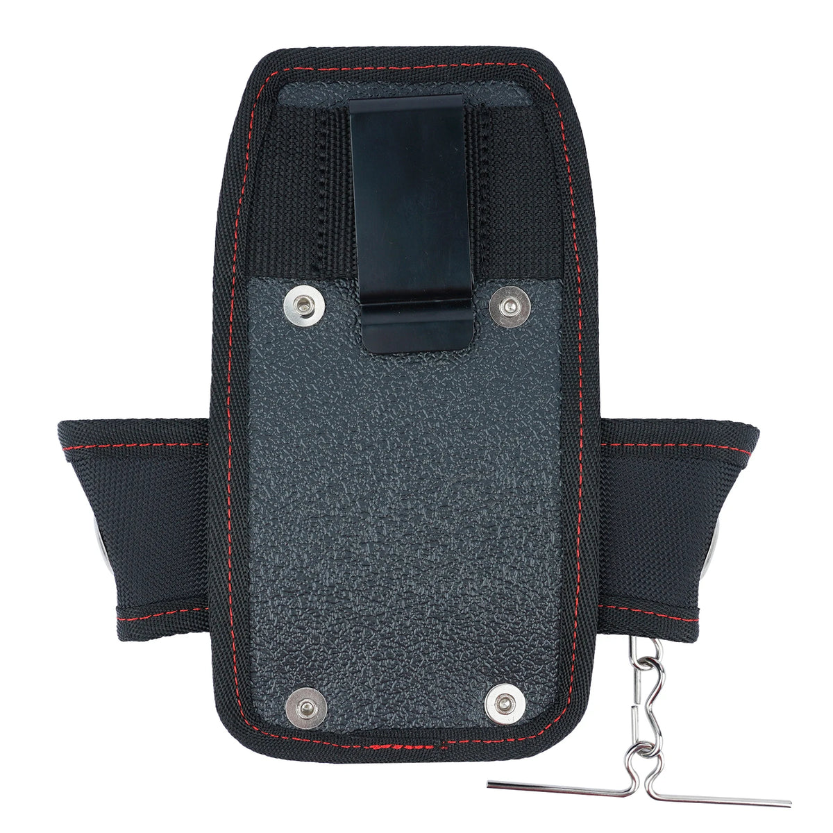 A dark gray utility tool pouch with a black belt clip and attached to a metal hook.