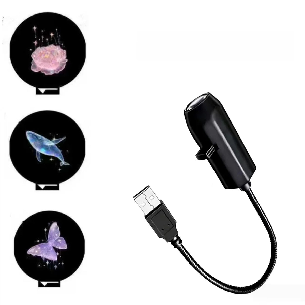 Un juego de tres luces proyectores USB LED con patrones florales rosa, azul y morado.