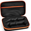 Black portable storage case with an orange trim, open to reveal foam inserts for electrical testing tools.