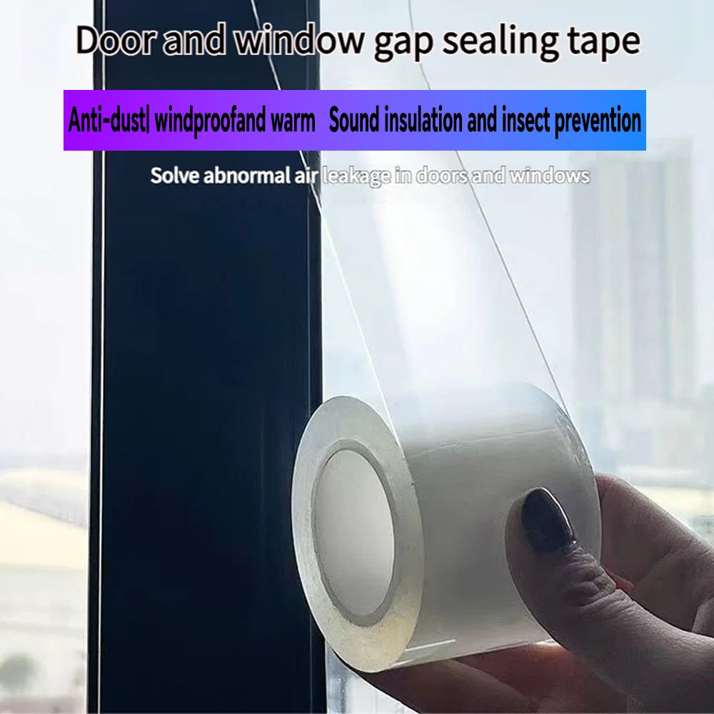 A hand holds a roll of clear window and door gap sealing tape against a dark window frame.