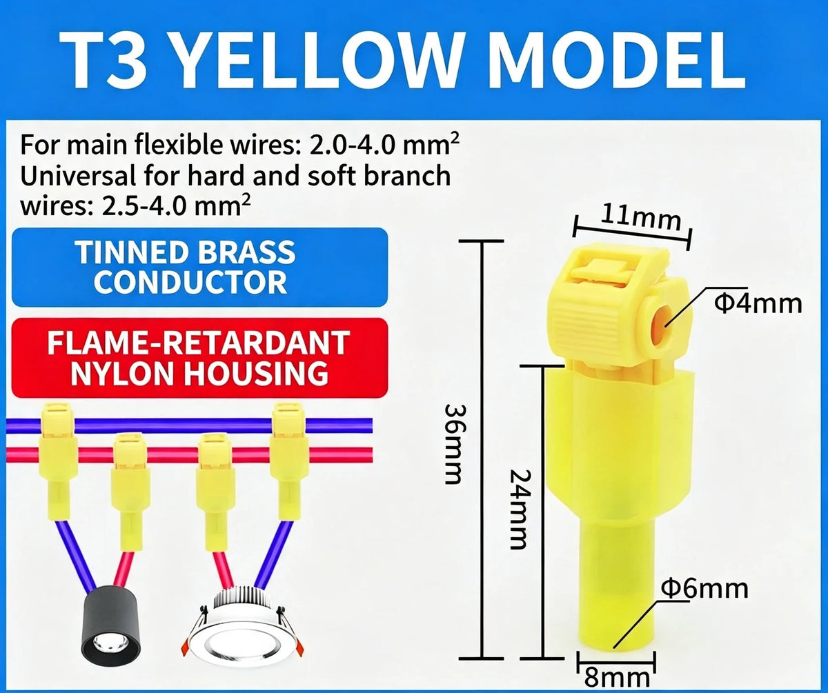 Yellow T3 model connector featuring a tinned brass conductor and flame-retardant nylon housing.
