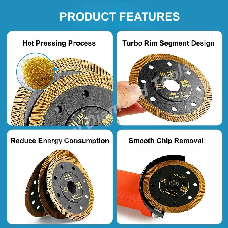 Product features showing hot pressing process, turbo rim segment design, energy reduction, and smooth chip removal of diamond