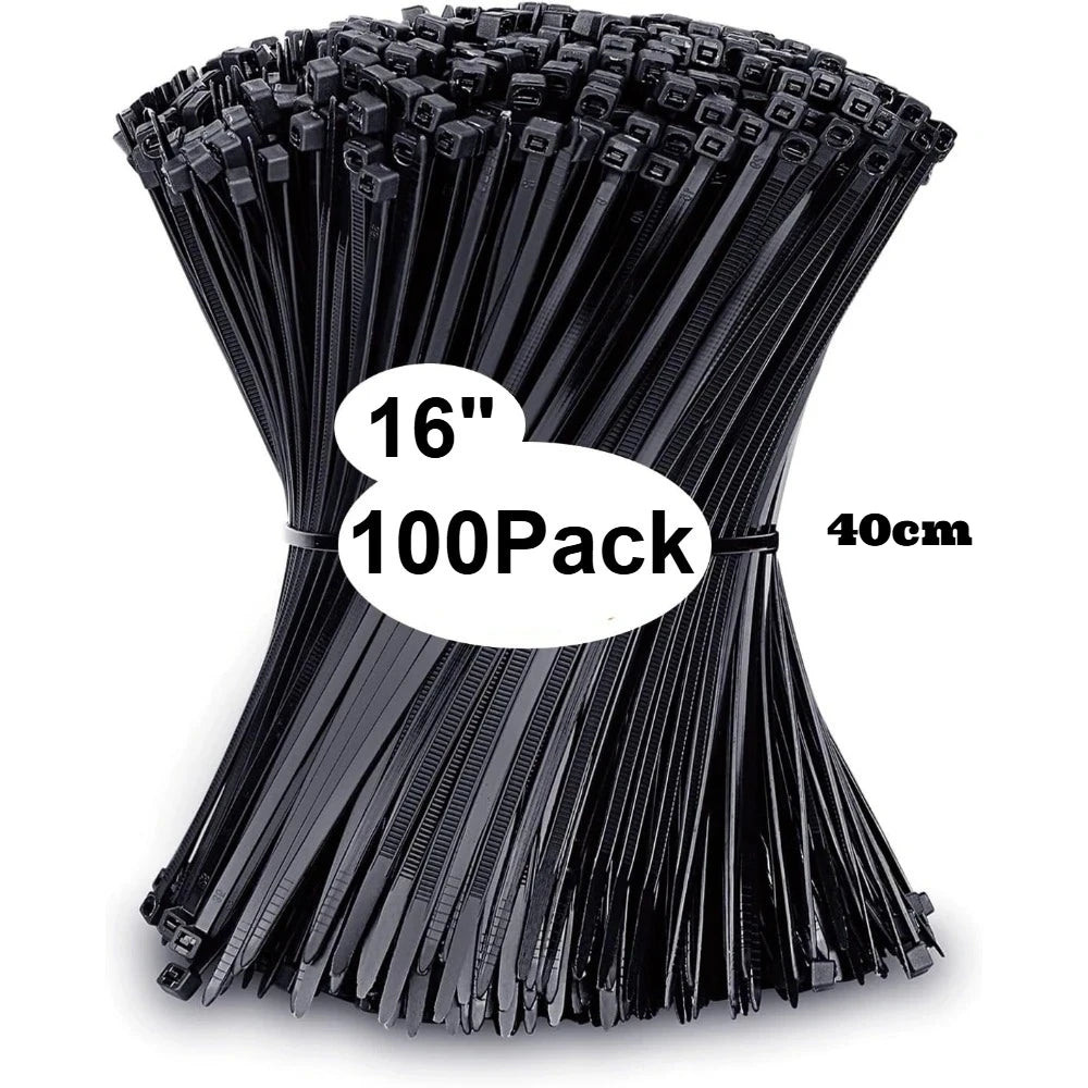 Große Auswahl an schwarzen, strapazierfähigen, UV-beständigen Nylon-Zip-Kabeln in einer Packung von 100 Stück.