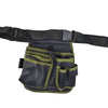 A black and olive green multifunctional tool storage belt bag with multiple pockets.