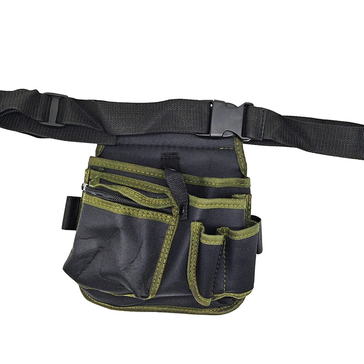 A black and olive green multifunctional tool storage belt bag with multiple pockets.