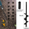 A black heavy-duty spiral garden auger drill bit is shown next to a hexagonal driver and dimensions.