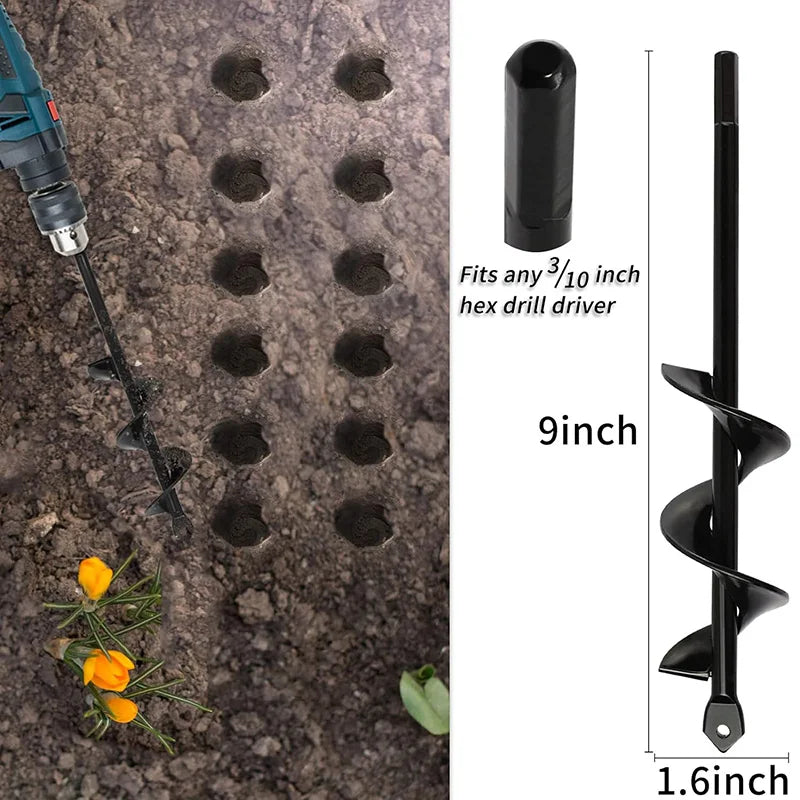 A black heavy-duty spiral garden auger drill bit is shown next to a hexagonal driver and dimensions.