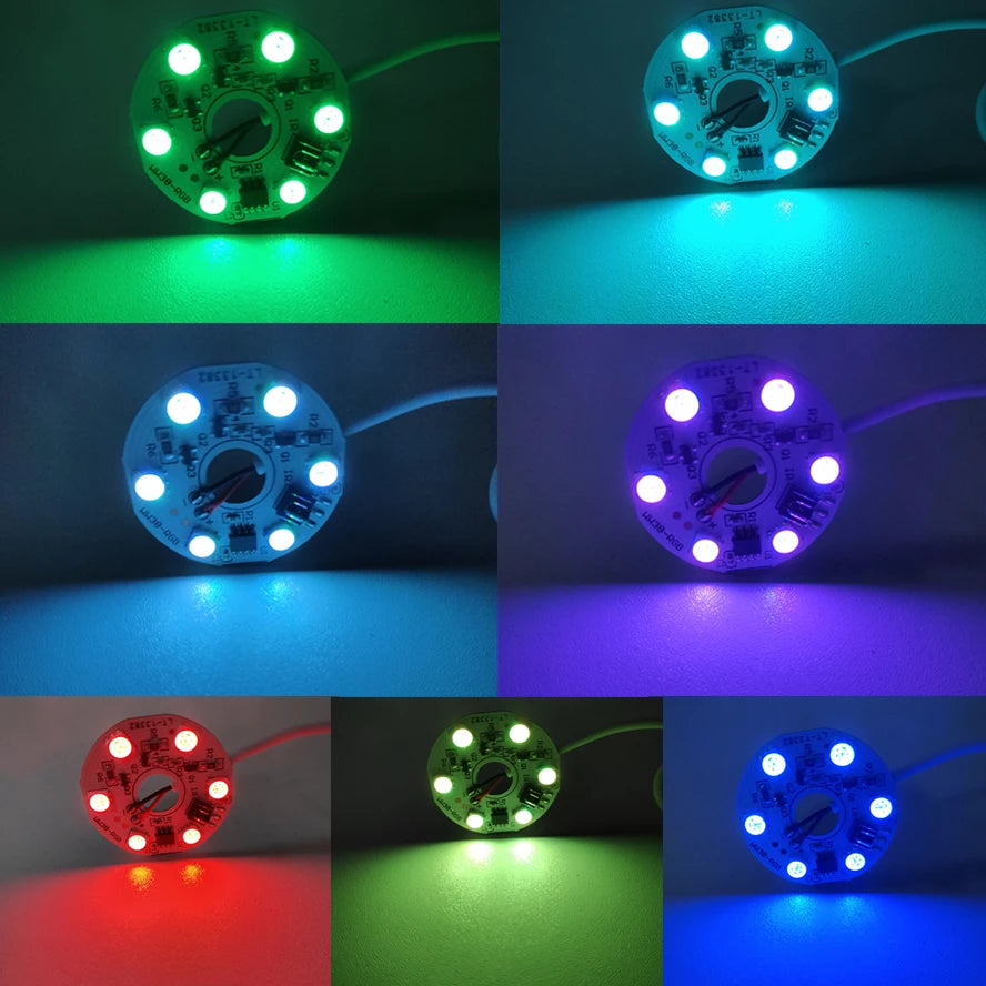 Panel de control luminoso LED con degradado RGB que muestra varios colores como verde, cian, azul, púrpura y rojo.