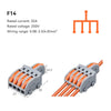 A set of F14 electrical push-in connectors with orange wires and gray plastic housing.