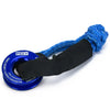 A blue synthetic recovery shackle set with a black handle and blue threaded rope.