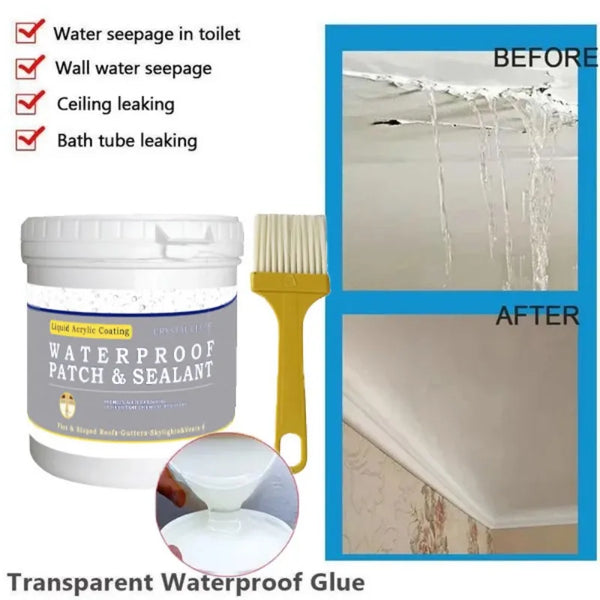 A comparison showing water seepage in a toilet and wall, ceiling, and bath tube, before and after application of transparent 