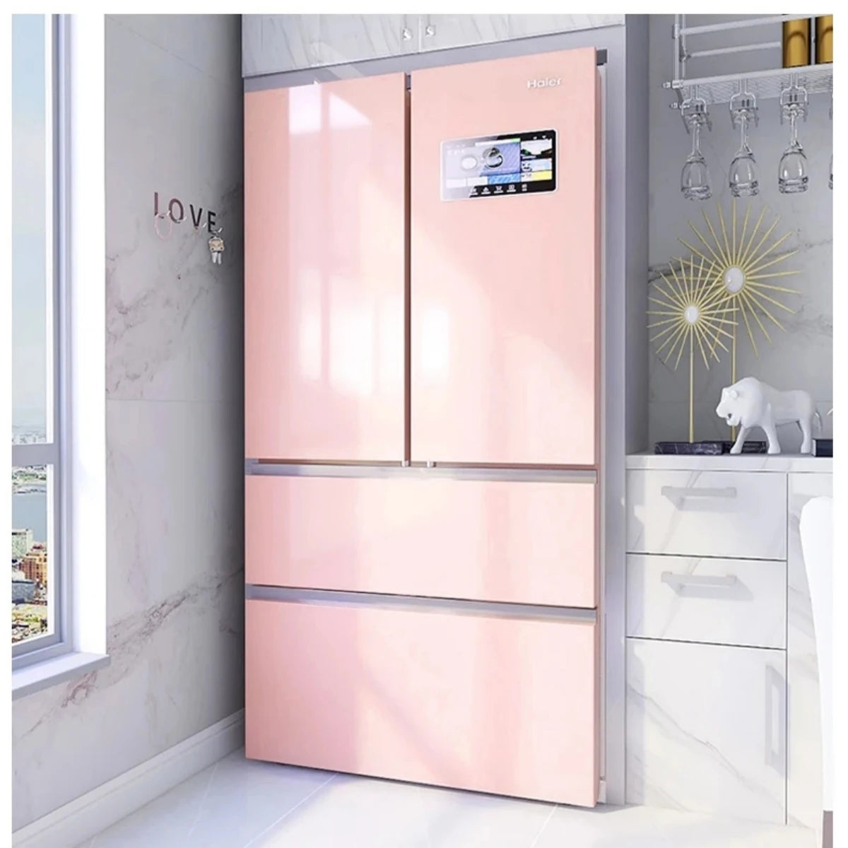 A modern kitchen cabinet with glossy pink finish and marble texture, featuring two doors and a drawer.