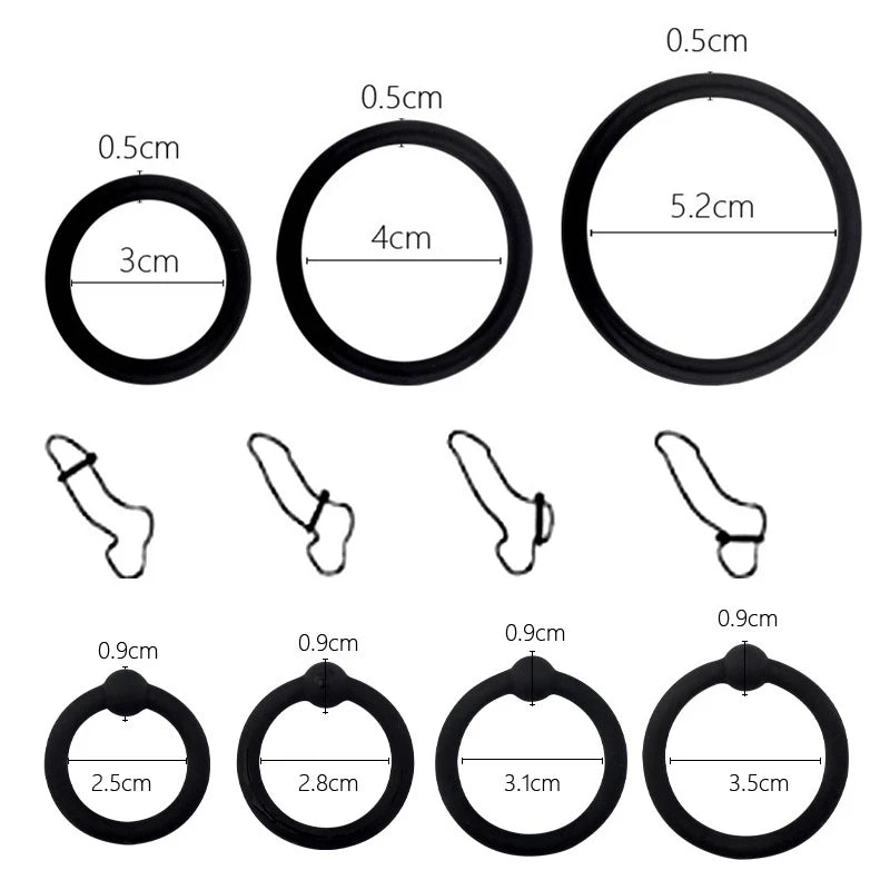 A collection of black silicone erection enhancer rings shown in various sizes and shapes.